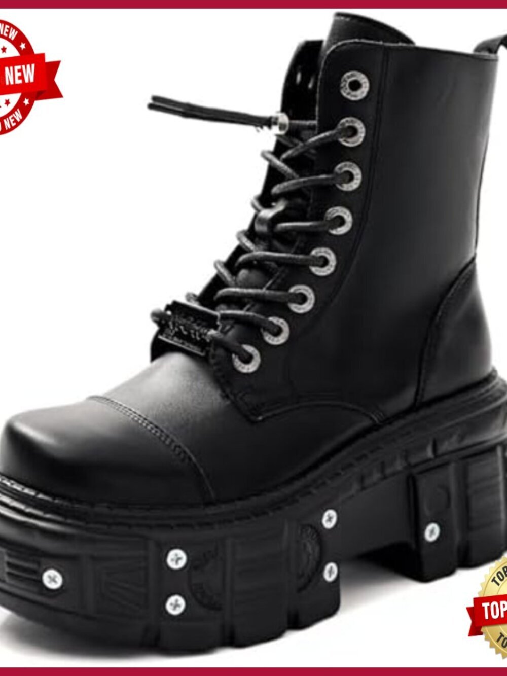 Gothic Ankle Boots with Studded Buckle Lace Up Chunky Block Heels Lug Sole Punk